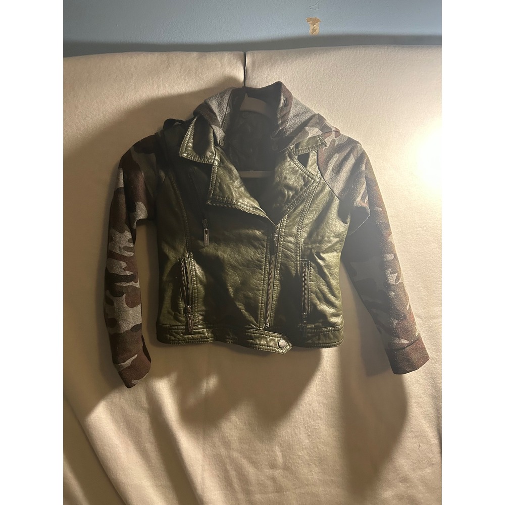 Joujou Womens Moto Jacket Olive Green Faux Leather Camo Sleeves Hooded Medium